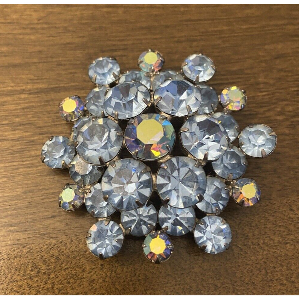 vintage Weiss signed Blue & Aurora Borealis irridescent snowflake flower brooch
